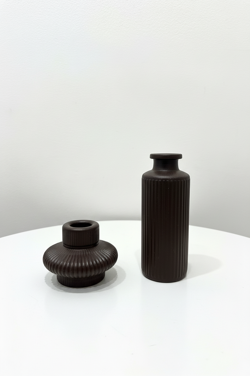 Bougeoir & Vase Nervuré Marron