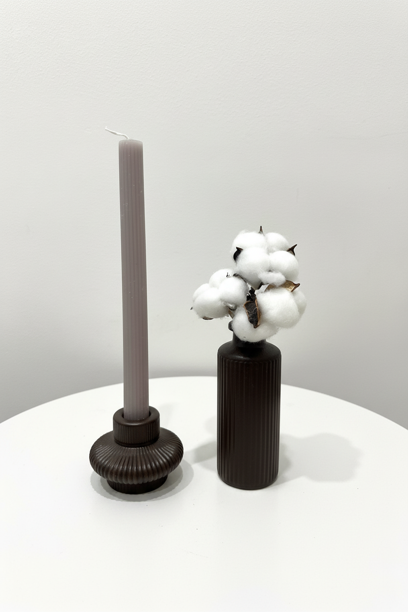 Bougeoir & Vase Nervuré Marron