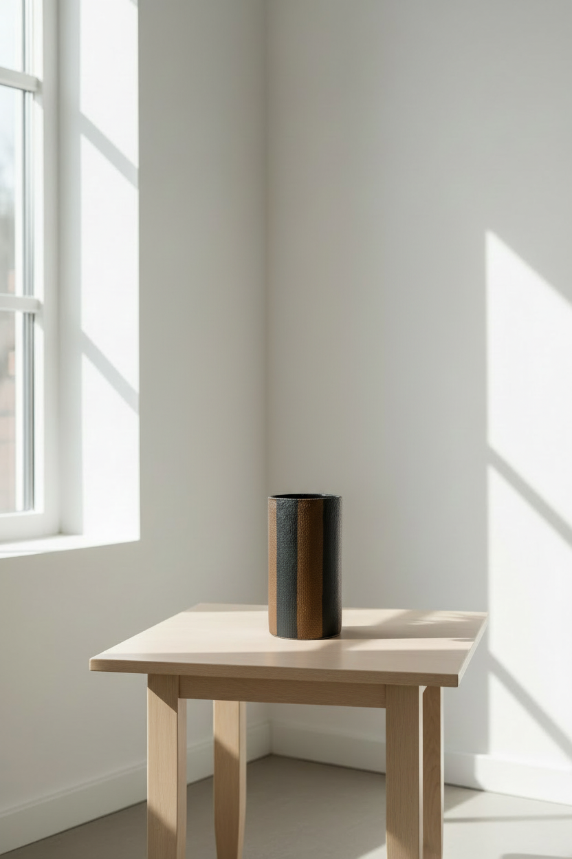 Vase cylindrique en verre texturé rayures marron et noir