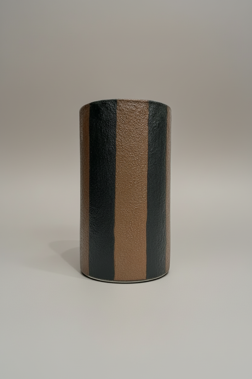 Vase cylindrique en verre texturé rayures marron et noir