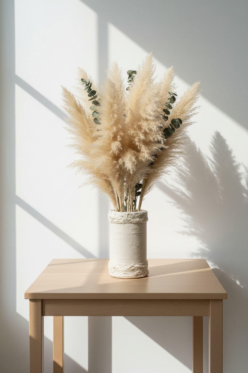 Vase cylindrique en verre avec macramé naturel