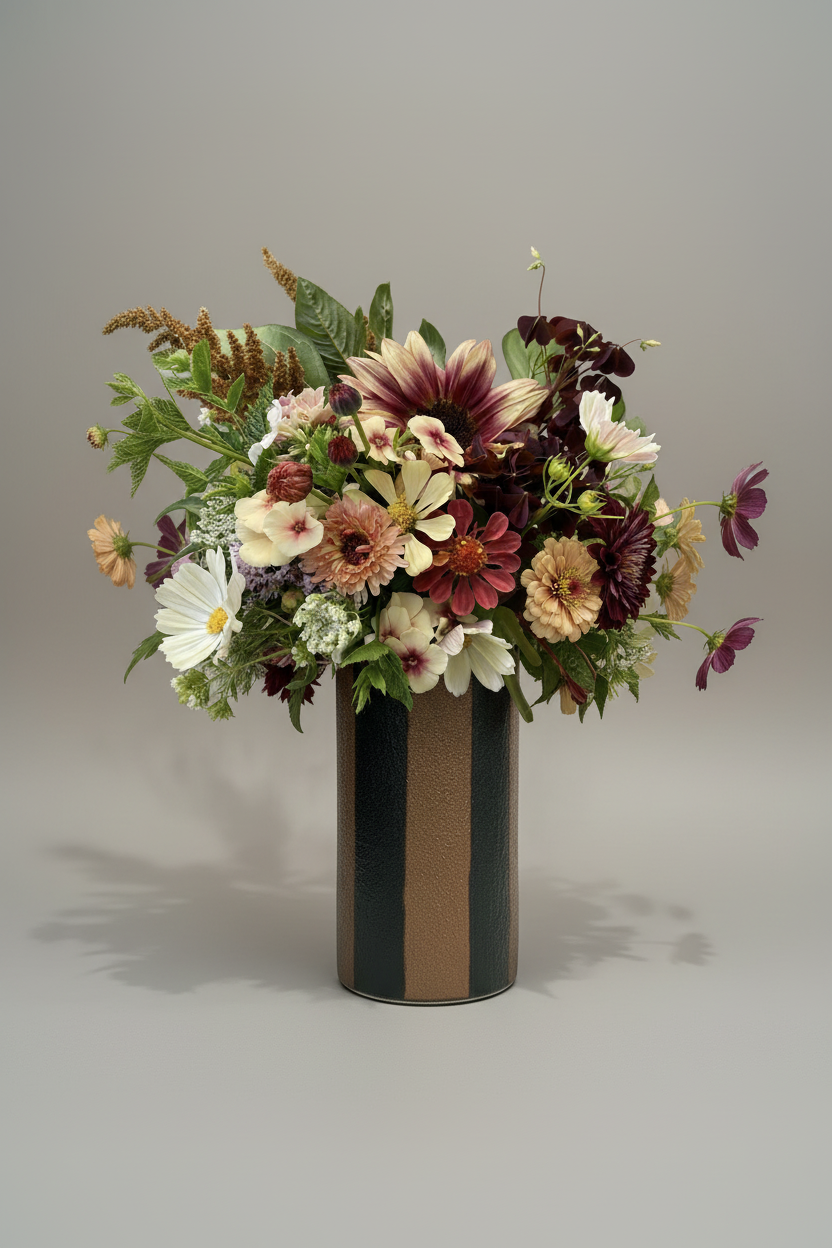 Vase cylindrique en verre texturé rayures marron et noir