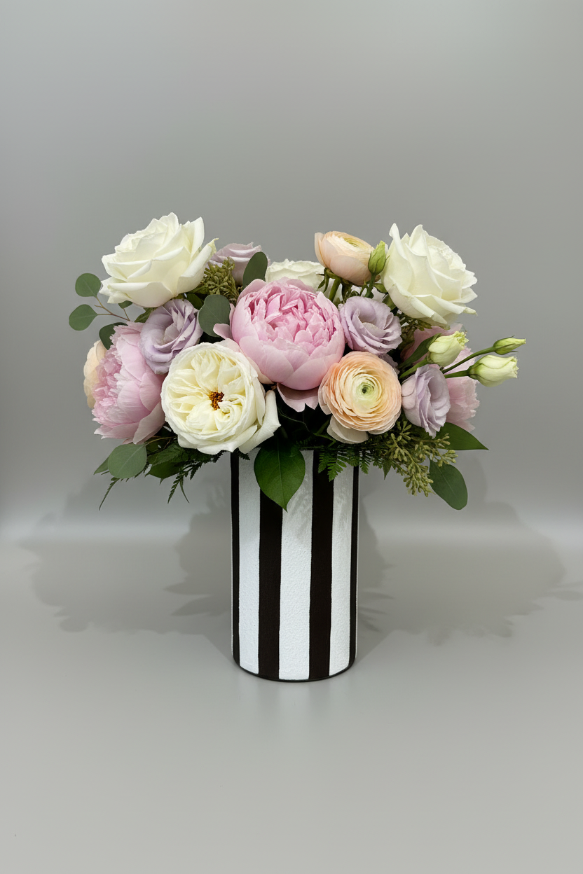 Vase cylindrique rayé marron foncé et blanc granuleux