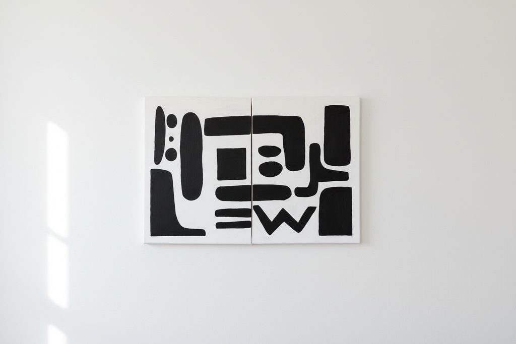 Tableau diptyque abstrait noir et blanc - formes géométriques modernes