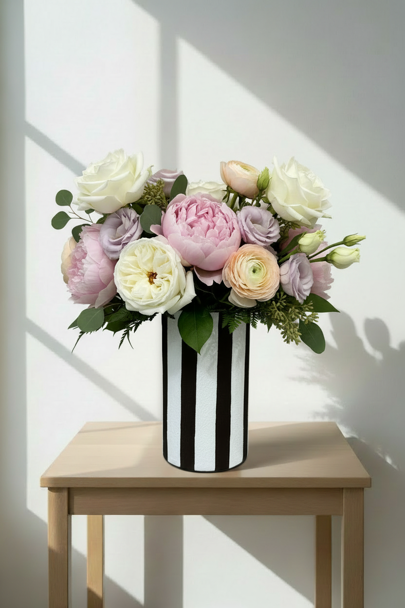 Vase cylindrique rayé marron foncé et blanc granuleux