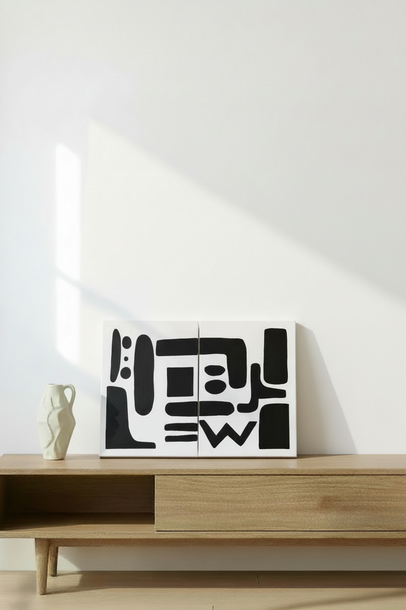 Tableau diptyque abstrait noir et blanc - formes géométriques modernes