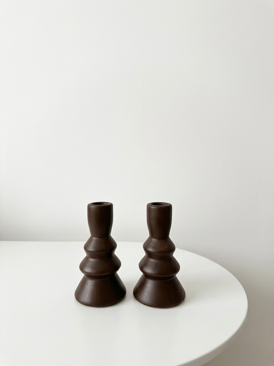 Duo de Bougeoirs Sculptés - Marron Brute